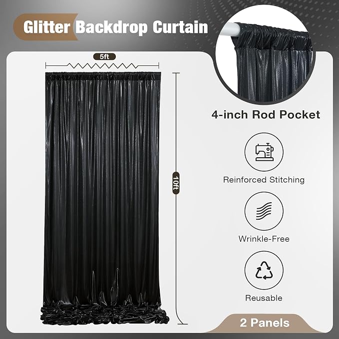 10x10FT Black Sequin Backdrop Curtain for Party - 2 Panels 5x10FT Wrinkle-Free Shimmer Drapes for Birthday, Wedding, Christmas, Decorations & Photography - Image 6