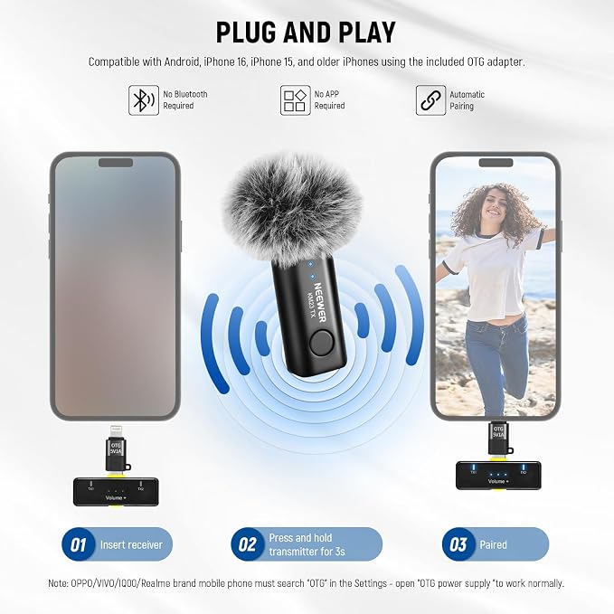 NEEWER Lavalier Wireless Microphone System, 1x USB C Receiver with OTG Adapter & 2X Noise Cancelling Omnidirectional Condenser Transmitter Compatible with iPhone 16 Pro Max S24 Ultra, KM23 - Image 5