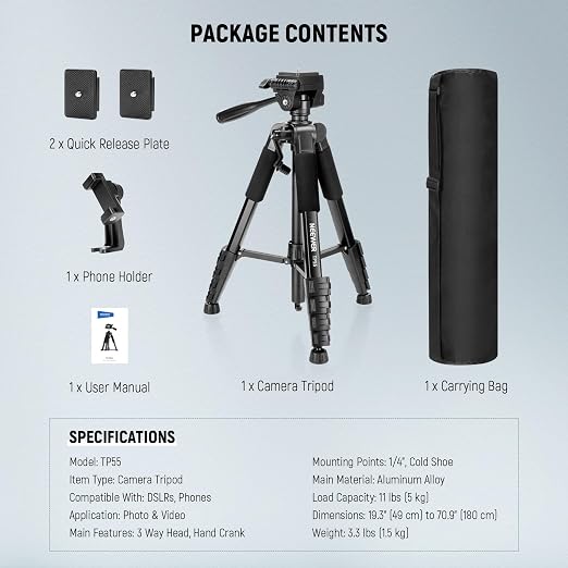 NEEWER BASICS Camera Tripod, 71'' Tripod with Cell Phone Holder Mount Compatible with iPhone for Video Recording, Professional Aluminum Lightweight Portable Travel Stand with 3 Way Pan Tilt Head, TP55 - Image 8