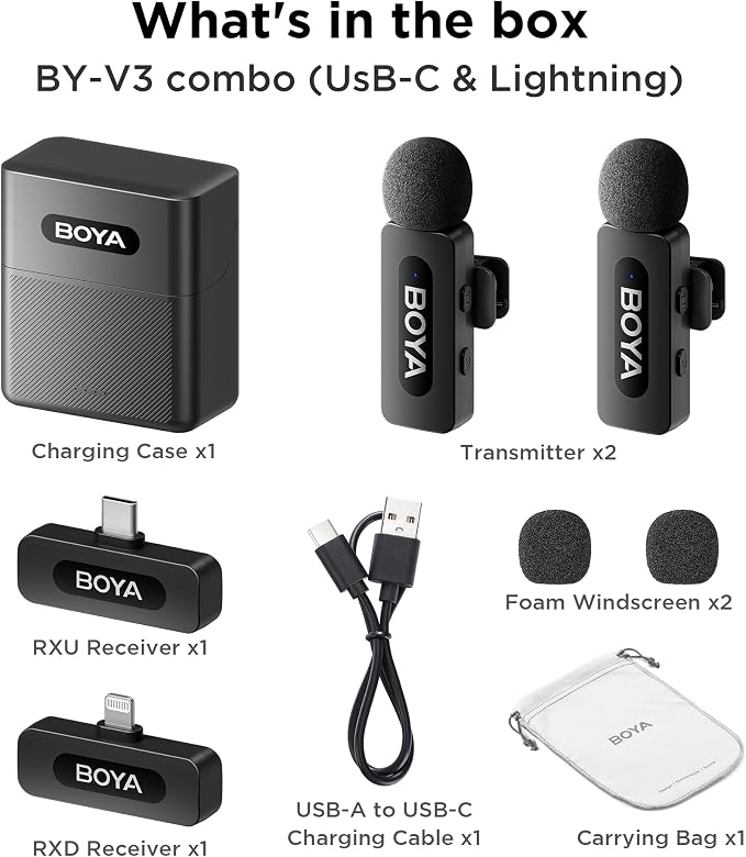 BOYA BY-V3 Combo Wireless Microphone for iPhone Android Smartphone,100M Los Range,36H Duration,Noise Cancellation,Plug&Play Lavalier Lapel Mics for Vlogging Interview 2-in-1 Charging Case(2TX+2RX) - Image 8