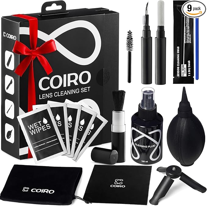 Camera Lens Cleaning Kit for DSLR and Sensitive Electronics, 9-in-1 Lens Cleaner Spray, Camera Pen, Blower, Wipes, Sensor Cleaner, Photographer Gifts & Accessories by CCoiro