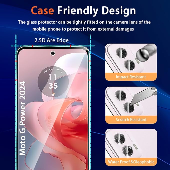 (3+2 Pack) Designed for Motorola Moto G Power 5G 2024 Tempered Glass Screen Protector + Camera Lens Protector,[3D Touch][Bubble-Free][Anti-Scratch] Screen Protector Glass For Motorola G Power 2024 - Image 6