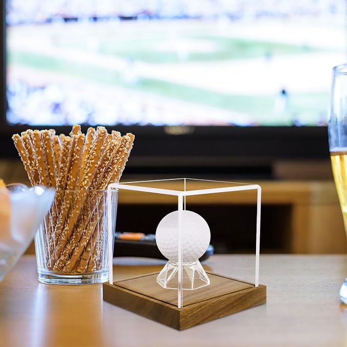 Clear Acrylic Golf Ball Display Case with Wood Base & Acrylic Holder, Memorabilia Stand Cube Holder, Dust Protection Transparent Storage Box for Single Ball Souvenir Golfball Collections - Image 3