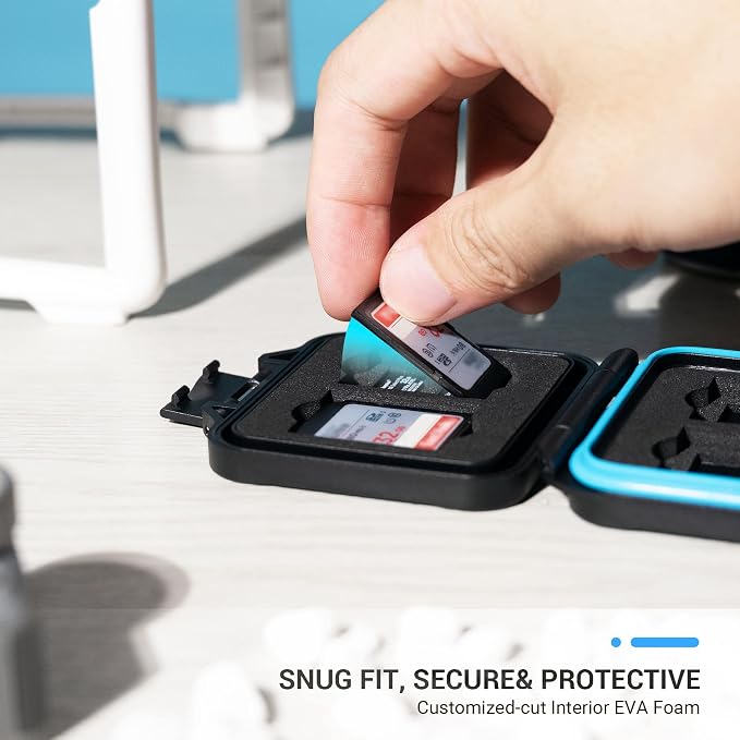 JJC Small SD Card Case Holder for 4 SD & 8 Micro SD Memory Cards | 12 Slots, Slim & Lightweight Design, Water-Resistant & Shockproof, Soft EVA Interior, Includes Wrist Strap, Easy to Carry - Image 3