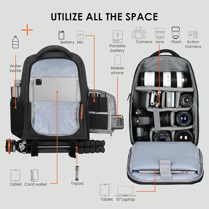 TARION Camera Backpack for Photographers Compact 15L, TB04 Black | 15 Inch Laptop Compartment, Side Access Quick Draw, Anti-theft Hidden Pocket, Tripod Holder, Rain Cover, Travel-Friendly - Image 2