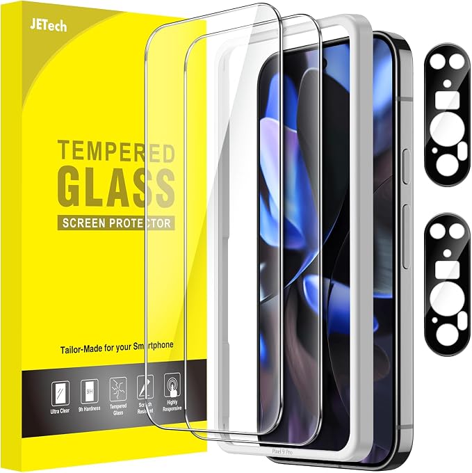 JETech Screen Protector for Google Pixel 9 Pro, 2+2 Pack | with Camera Lens Protector, HD Clear Tempered Glass, Anti-Scratch Protection, Easy Installation Tool by JETech