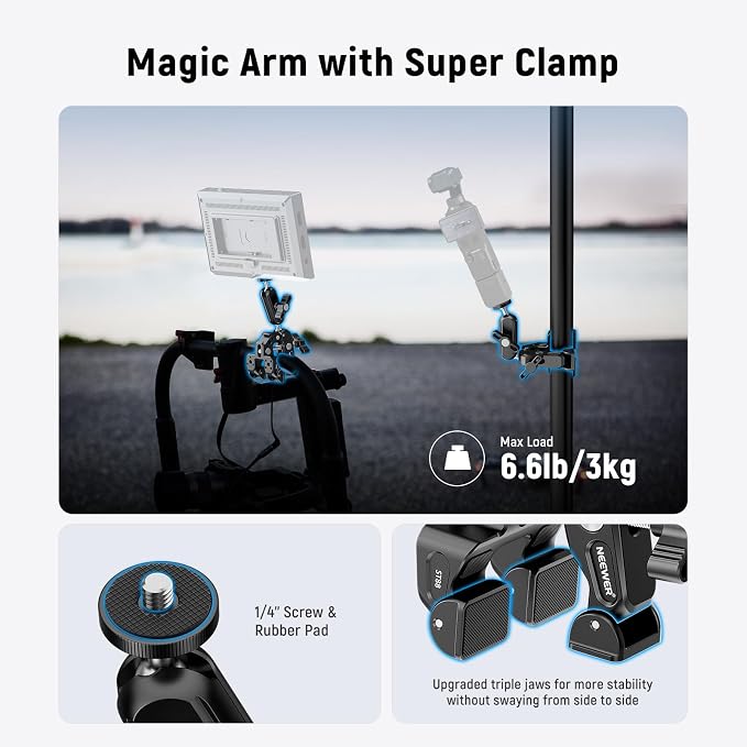 NEEWER Super Clamp with 3" Dual Ballhead Magic Arm Camera Phone Mount, ST88 | With 1/4" and 3/8" Threads, Cold Shoe, Phone Holder, Action Camera Adapter, Compatible with GoPro DJI iPhone 16 15 Pro Max - Image 2
