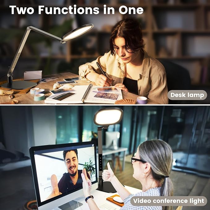 Desk Lamp for Home Office, Tall Computer Ring Light with CRI 97.8 | Eye-Caring Diffused Desktop Light with Memory & Timer Func, 1200LM Zoom Lighting for Video Calls, Conference, Reading,Study - Image 2