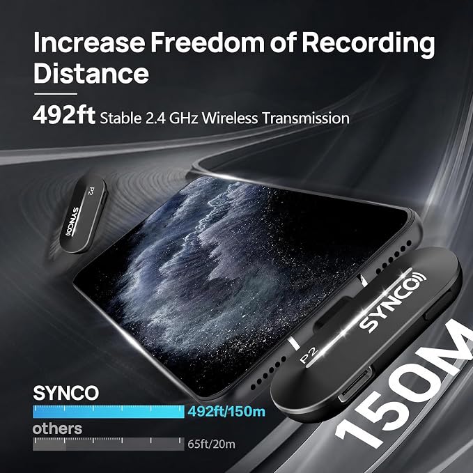 SYNCO Wireless Microphone for iPhone, Mini Clip-On Lapel Mic with Noise Cancellation, 150m Transmission Range, External Mic for Vlogging, TikTok, YouTube, Compatible with iOS Devices - Image 2