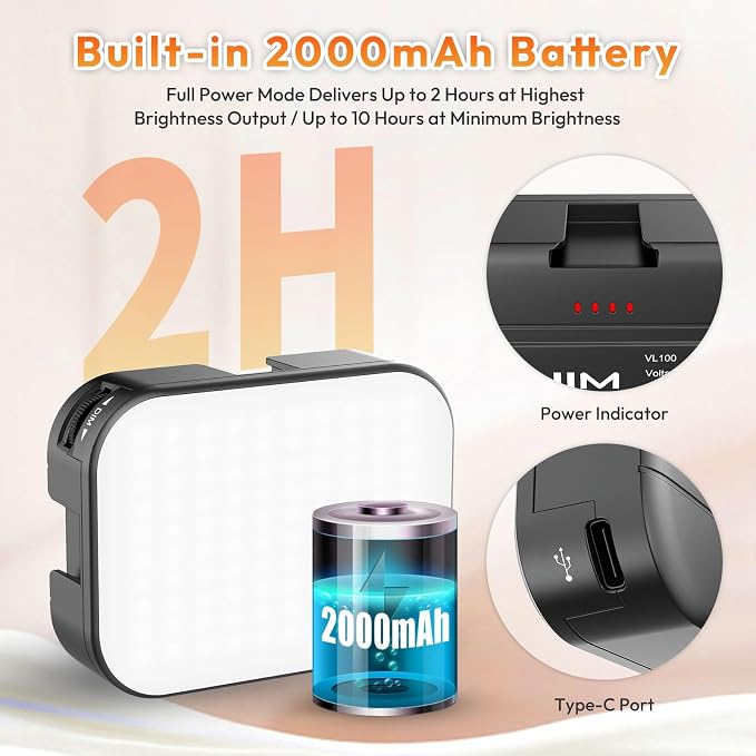 Ulanzi VL100X Selfie Light, Mini Clip LED Light Panel for Phone Bi-Color | 2500-6500K, Dimmable, with 4 Cold Shoe, 2000mAh Battery Typ-c Charge, for iPhone Laptop/Tablet/Camera, Video Conference Vlog - Image 6