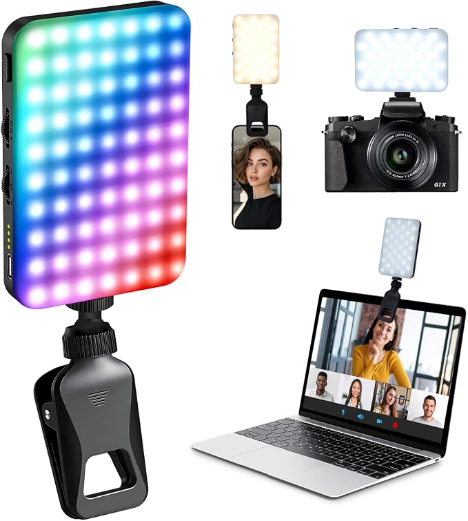 Portable RGB Selfie Light with 2000mAh Power Bank, CRI96+ Clip Fill Light | 3 Adjustable Color Tones, Scroll Wheel Dimming, Multi-angle 360° Rotation, Camera Hot Shoe Adapter, Reverse Phone Charging by Unknown