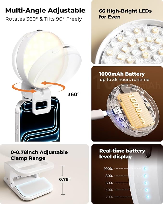 Viozon Selfie Light for iPhone Laptop, 3" Compact Clip on LED Phone Light with 360° Rotation, 1000mAh Type-C Rechargeable Zoom Meeting Light, 36H Runtime, Stepless Dimming 2800K-6500K, White - Image 5