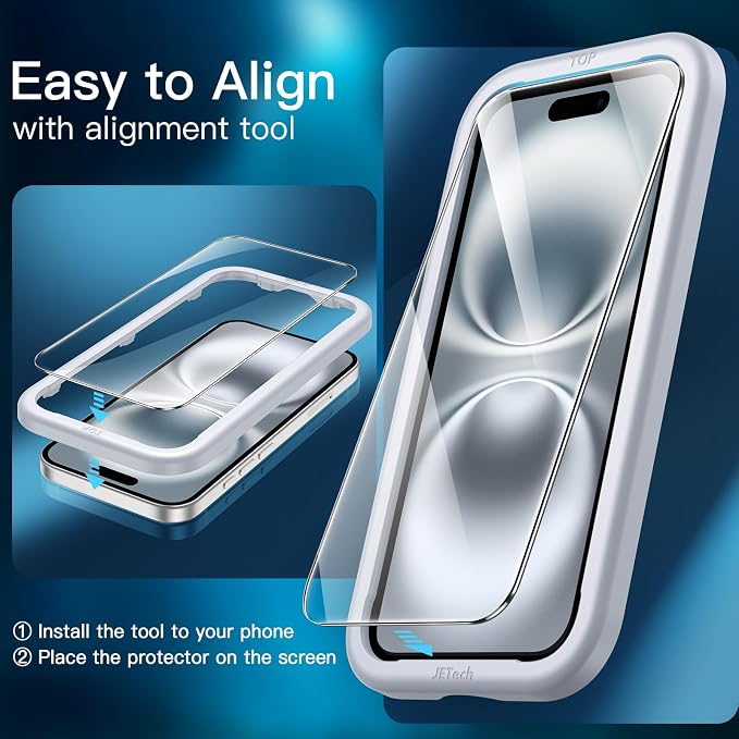 JETech Screen Protector for iPhone 16, 2+2 Pack | with Camera Lens Protector, HD Clear Tempered Glass, Anti-Scratch Protection, Easy Installation Tool - Image 4