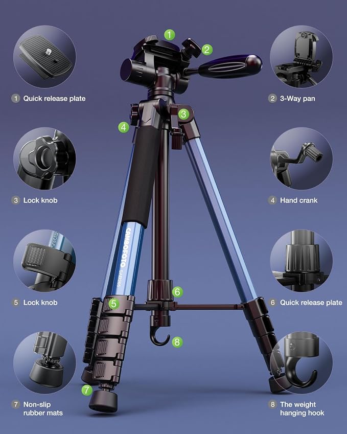 CAMBOFOTO 74″ Camera Tripod, 360° Aluminum Lightweight Tripod/Navy Blue | Heavy‐Duty Professional Tripod Stand for DSLR & Mirrorless Cameras/Smartphones/GoPro, with 360° Pan Head/Phone Mount - Image 6