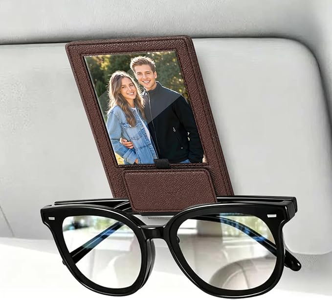 2-in-1 Car Visor Sunglasses & Photo Holder, Magnetic PU Leather Glasses Clip with Picture Display Slot, Universal Sun Visor Organizer for Eyeglasses, Personalized Cards & Memories, Dark Brown by Unknown