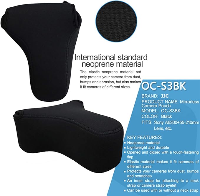 JJC Black Ultra Light Neoprene Camera Case for Sony a6600 a6500 a6400 a6300 a6100 a6000 a5100 w/55-210mm Lens, Pouch Bag for Fujifilm Fuji X-T30 X-T20 X-T10 W/ 55-200mm Lens, Elastic, Water Resistant - Image 2