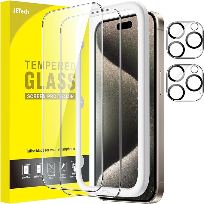 JETech Screen Protector for iPhone 15 Pro Max, 2+2 Pack | with Camera Lens Protector, HD Clear Tempered Glass, Anti-Scratch Protection, Easy Installation Tool by JETech
