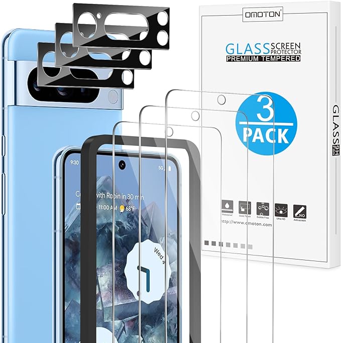 OMOTON 3+2 Pack for Pixel 8 Pro Screen Protector (6.7 Inch, 2023 Released) | 3 Pack for Pixel 8 Pro Tempered Glass, 3 Camera Lens Protector, Fingerprint Sensitivity, HD Clear by OMOTON