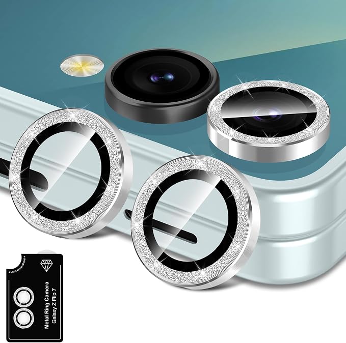 for Samsung Galaxy Z Flip 7 Camera Lens Protector, Individual Metal Ring Tempered Glass Lens Cover, [Strong Adsorption] Scratch Resistant Ultra-Thin HD Clear Lens Cover, 1 Set-Silvery Sparkly by Btscase