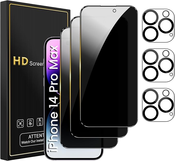 Romkasi 3 Pack Privacy Screen Protector for iPhone 14 Pro Max 6.7 Inch with 3 Pack Camera Lens Protector, Anti Spy Tempered Glass Film, Anti-Scratch, Touch Sensitive, Case Friendly by Unknown