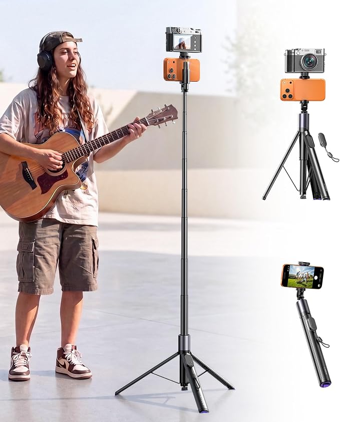 LISEN 67" Selfie Stick Tripod with Remote for Content Creators | Content creator essentials: 67" phone tripod with remote for iPhone & Android, 0.01s auto-open vlog/live stream/video kit by Lisen