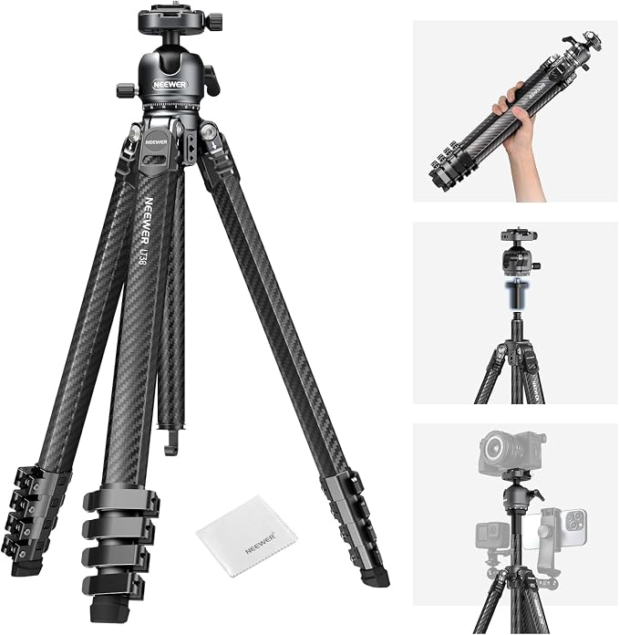 NEEWER LITETRIP LT38 61" Travel Camera Tripod, Carbon Fiber Portable Stand, 360° Pan Tilt Ball Head, Center Axis, Arca Type QR Plate Compatible with Clip V3, Max Load 22 lb, Cleaning Cloth by Neewer