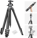 NEEWER LITETRIP LT38 61" Travel Camera Tripod, Carbon Fiber Portable Stand, 360° Pan Tilt Ball Head, Center Axis, Arca Type QR Plate Compatible with Clip V3, Max Load 22 lb, Cleaning Cloth by Neewer