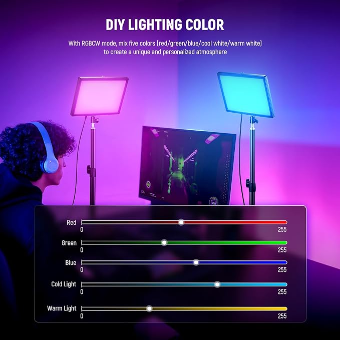NEEWER GL25C LED RGB Streaming Key Light, APP/PC Control 25W 2500Lux/0.5m 2900K-7000K CRI95+/TLCI97+ Full RGB Dimmable Edge Emitting Silent Webcam Video Light with Desk Stand - Image 4