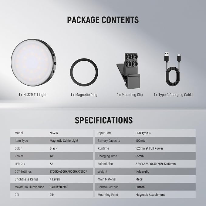 NEEWER Entry Level Version Magnetic Selfie Light Compatible with MagSafe iPhone, 1W Clip on Metal LED Phone Fill Ring Lighting for Laptop Video Conference Makeup Recording, CRI95+ 840lux/0.2m, NL32R - Image 8