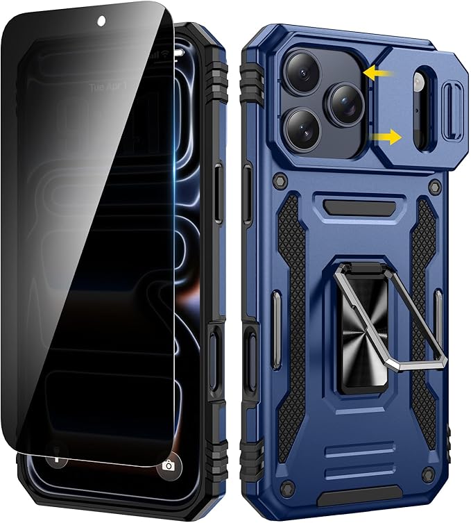 VEGO for iPhone 17 Pro Case with Privacy Screen Protector Blue | Slide Camera Cover & Ring Kickstand Military Grade Heavy Duty Protection Cover for iPhone 17 Pro 5G 6.3 Inch - Blue by VEGO