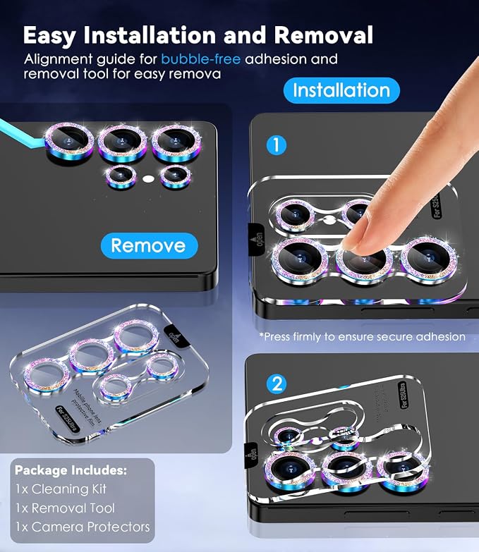 CloudValley for Samsung Galaxy S25 Ultra Camera Lens Protector Bling | 9H Tempered Glass + Aluminum Alloy Lens Protective [Glitter Decoration] Ultra-HD Camera Cover,Glitter Titanium Colorful - Image 7
