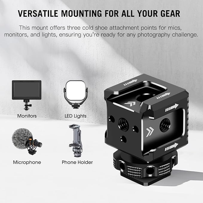 Triple Cold Shoe Mount with 1/4" Thread, Aluminum Camera Hot Shoe Extension Bracket with 3 Port Cold Shoe Mounts for LED Video Light Monitor Microphone Camera Cage (62011) - Image 3
