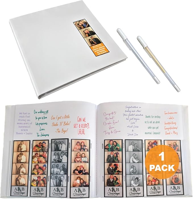 2x6 Photo Strip Album, White Cover White Pages, 2 Gel Pens | Leather-cover photo strip scrapbook journal holds 2x6 photos. Album guest book for weddings, graduations, anniversaries. by PhotoBoothNook