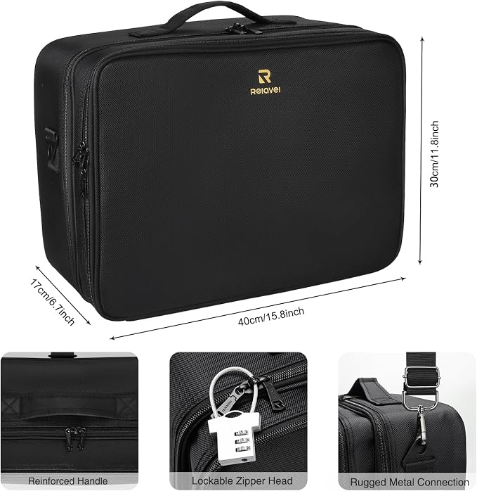 Relavel Makeup Case Extra Large Makeup Bag for Women Travel Makeup Artist Box Nail Polish Cosmetic Brush Storage Organizer with Adjustable Plastic Dividers Black - Image 5