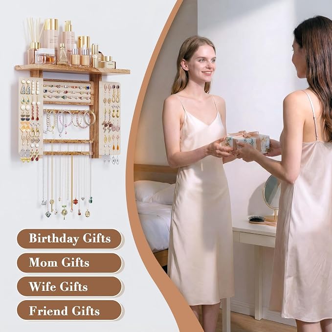Emfogo Jewelry Organizer Hanging Wall Mounted Jewelry Holder, 5-in-1 Large Capacity Necklace Organizer Display for Ring, Necklaces, Bracelets, Earrings (Rustic Wood) - Image 8