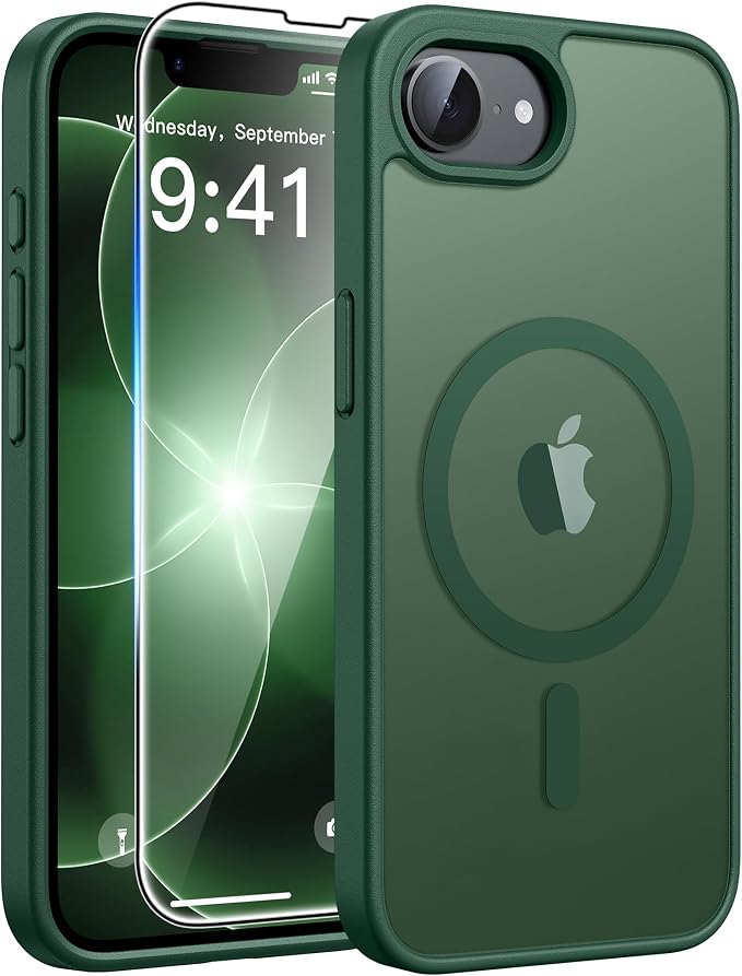 FNTCASE for iPhone 17e/ iPhone 16e Case, Fit for Magsafe, Screen Protector | Translucent Matte Magnetic Back, 14FT Military Grade Drop Protection, Shockproof Protective Phone Cover, Green by FNTCASE