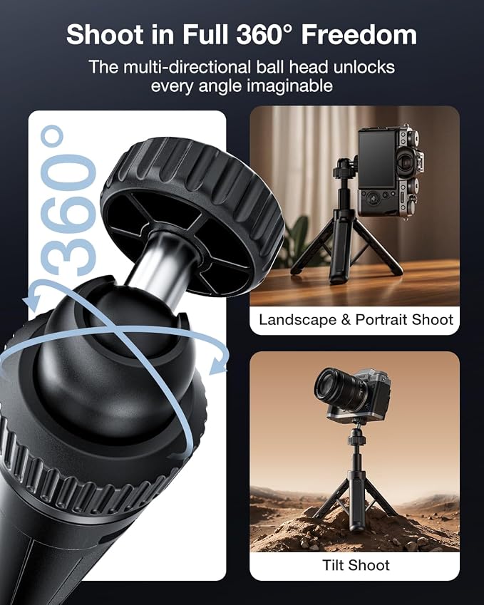 Llano 16"/40cm Action Camera Tripod for DJI Osmo Pocket 4/3, Insta360 X5 X4 X3, Gopro Hero13/12, Extendable Mini Tripod with 1/4'' Screw, Small Selfie Stick for Sony, Canon, 360° Ball Head, Black - Image 4