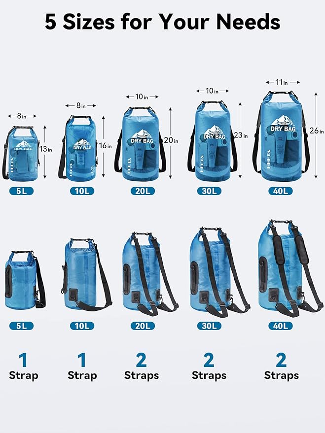 HEETA Dry Bag Waterproof Backpack with Phone Case 5L/10L/20L/30L/40L | Roll Top Lightweight Dry Storage Bag for Women Men, Travel Boating Kayaking Paddle Board Camping Beach Essentials Accessories - Image 2