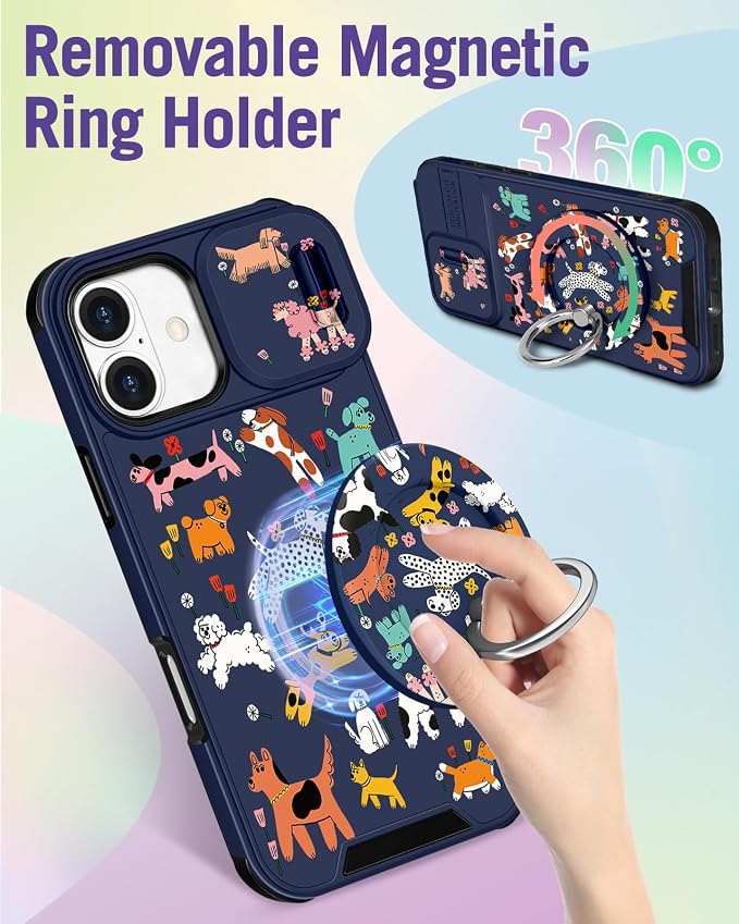Buleens for iPhone 16 Case 6.1 Inch - with Ring Stand & Camera Cover Aesthetic Cute Designed for Women Girls Girly Cartoon Kawaii Dogs Unique Phone Case for iPhone 16 Compatible with Magsafe - Image 5