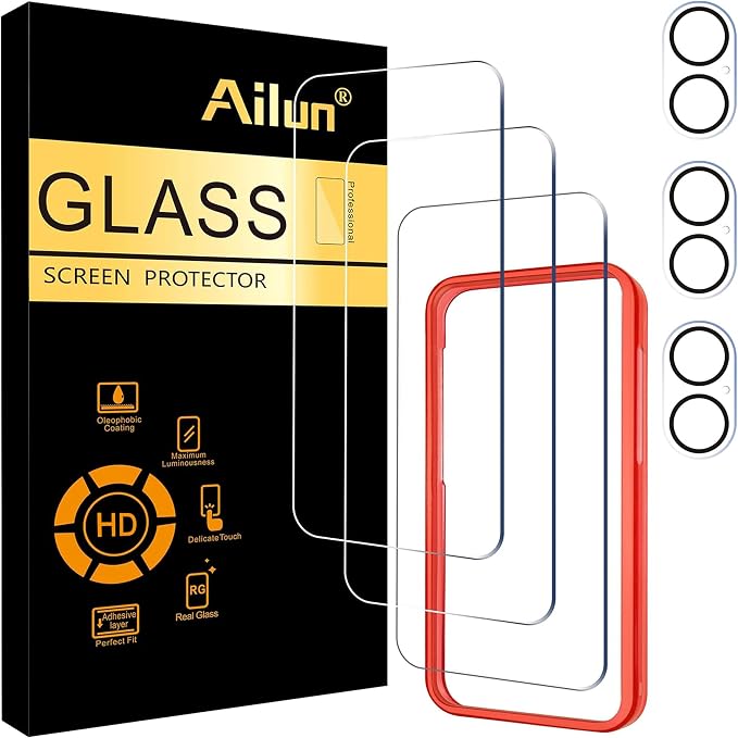 Ailun Screen Protector + Camera Lens Protector for iPhone 16, 3+3 Pack | 6.1 inch, Installation Frame, Case Friendly, Tempered Glass Film, Not for iPhone 16e/16 Pro/Plus/Pro Max by Ailun
