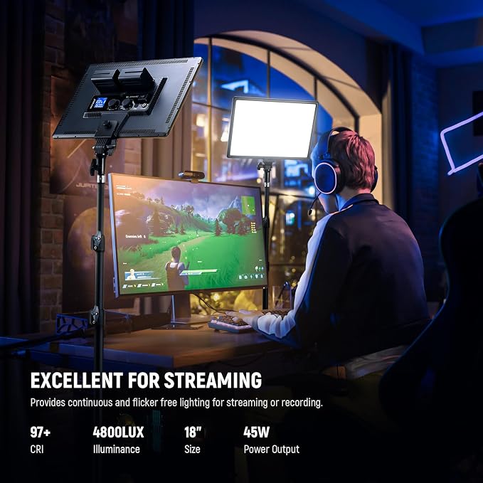NEEWER 18" LED Video Light Panel Key Lighting Kit with Remote, 2 Pack, 45W | Dimmable Bi Color, Tripod Stand, 3200K-5600K, Soft Light, CRI97+ 4800Lux for Game Streaming Studio Photography Recording - Image 2