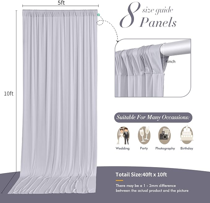 40 ft x 10 ft Wrinkle Free Silver Backdrop Curtain for Parties, Polyester Silver Grey Backdrop Drapes 8 Panels 5x10ft for Baby Shower Photoshoot Engagement Wedding Birthday Photography Background - Image 6