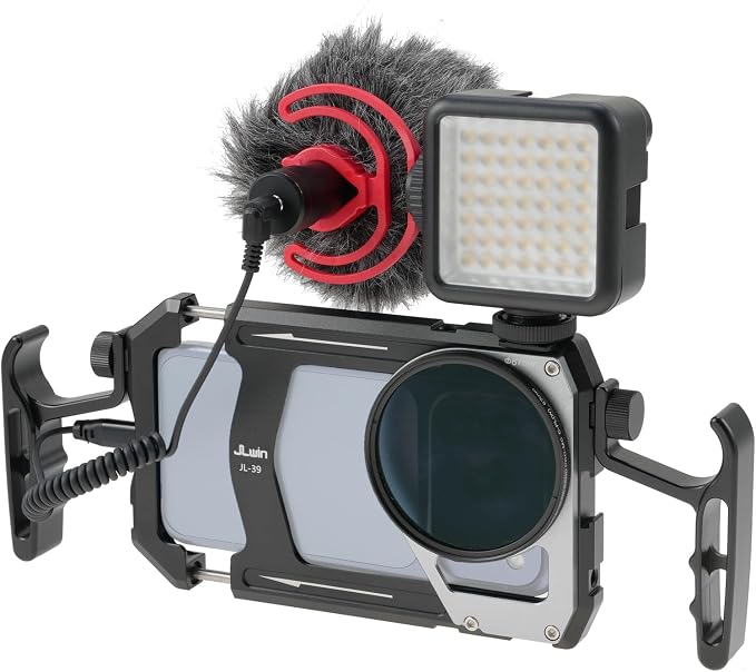 Fotga 4-in-1 Smartphone Cage Kit Photo Video Stabilizer w/Handles + Microphone + LED Light + ND Filter for iPhone 17 16 15 Pro Max Samsung Cell Phone TikTok & YouTube Vlog Live Stream Video Recording by FOTGA