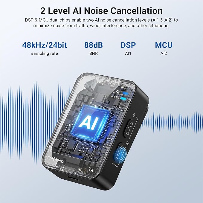 NEEWER CM26 Pro AI Wireless Microphone Compatible with iPhone Android Phone Camera PC, Lavalier Lapel Mic DSP/MCU Noise Cancellation Mute Gain Low Cut 48KHz/24Bit 88dB SNR 50H Battery 100m Range - Image 2