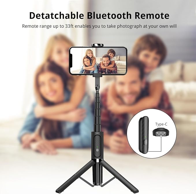 ATUMTEK Selfie Stick Tripod, 3-in-1 Extendable Aluminum Phone Tripod with Detachable Bluetooth Remote, Compatible with iPhone 17/16/15/14/13/12/11/11 Pro/XS Max/XR and Samsung Smartphones, Black - Image 4