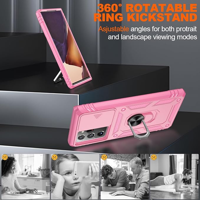 for Samsung Galaxy Note 20 Ultra Case with 2PCS Screen Protector, Build in 360° Rotating Ring Kickstand, Military Grade Protective Cover for Note 20 Ultra Phone, Pink - Image 8