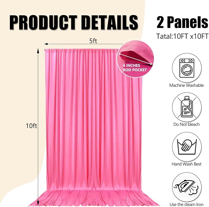 10ft x 10ft Deep Pink Backdrop Curtains for Parties, Polyester Fabric Backdrop Drapes with Rod Pockets for Weddings, Birthday, Halloween, Photography, Christmas Party Background Curtain, 2 Panels - Image 2