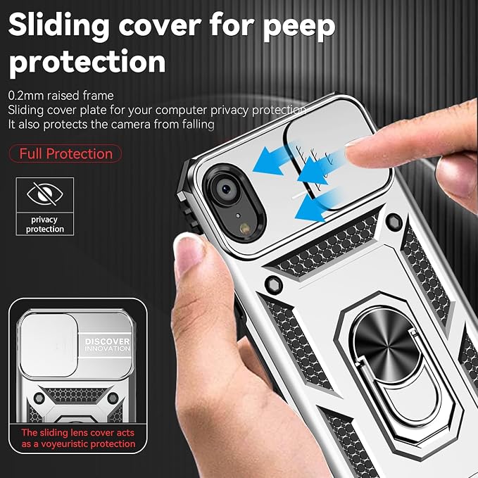 HNHYGETE for iPhone XR Phone Case with HD Screen Protector: [Military Grade 20ft. Drop Tested] Slide Camera Cover Ring Shockproof Protective Phone Case for - iPhone XR (Silver) - Image 3