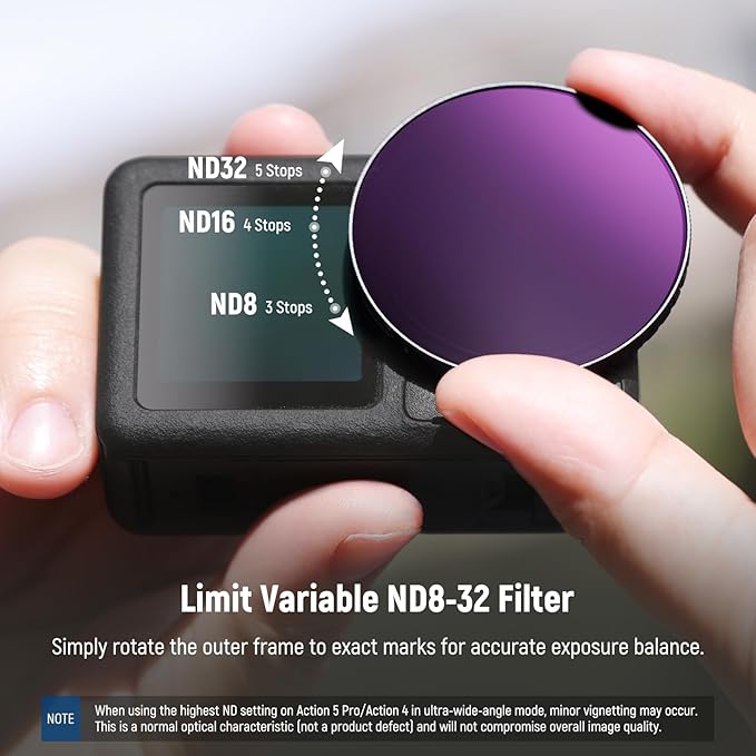 NEEWER Variable ND Filter Lens Kit Compatible with DJI Osmo Action 5 Pro/4, Screw On Multicoated HD Optical Glass ND8-32 (3-5 Stops) + 185° FOV Wide Angle Lens Action Camera Accessories, FL-54 - Image 4