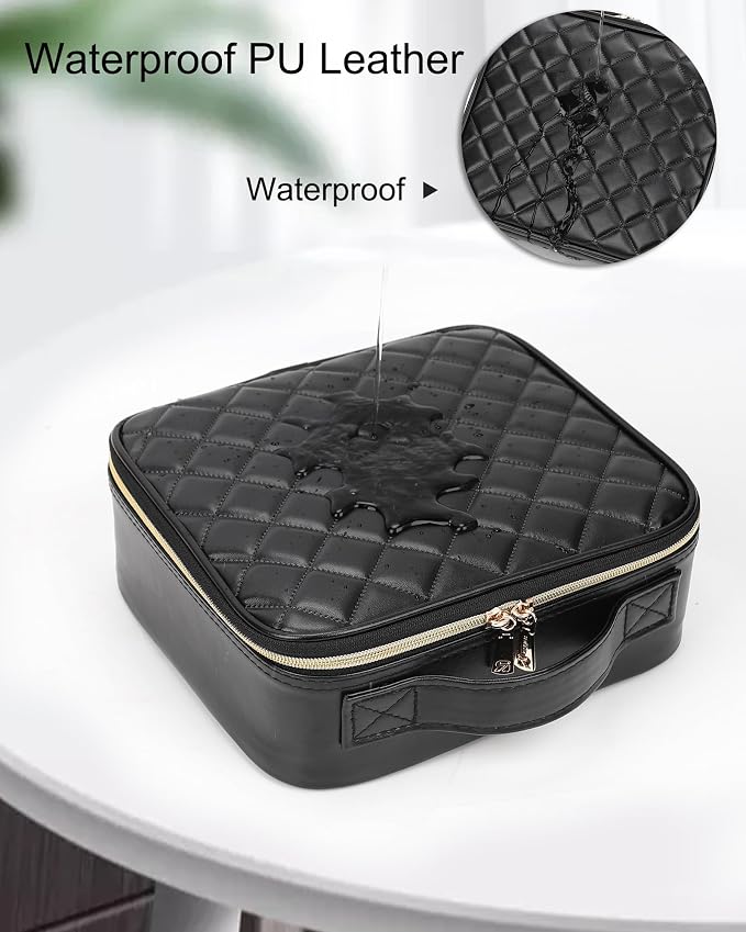 Relavel Makeup Bag, Travel Cosmetic Train Case Organizer Portable Artist Storage Bag with Adjustable Dividers for Cosmetics Makeup Brushes Toiletry Jewelry Digital Accessories Quilted Leather Black - Image 5